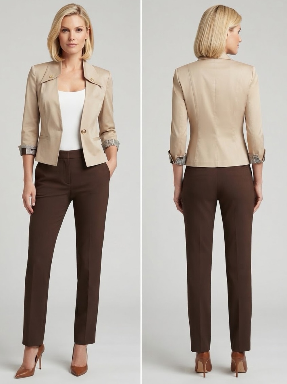 SALE💥WOMEN BLAZER ONE BUTTON 3/4 SLEEVES WITH CUFFS MILITARY BEIGE JACKET LINED